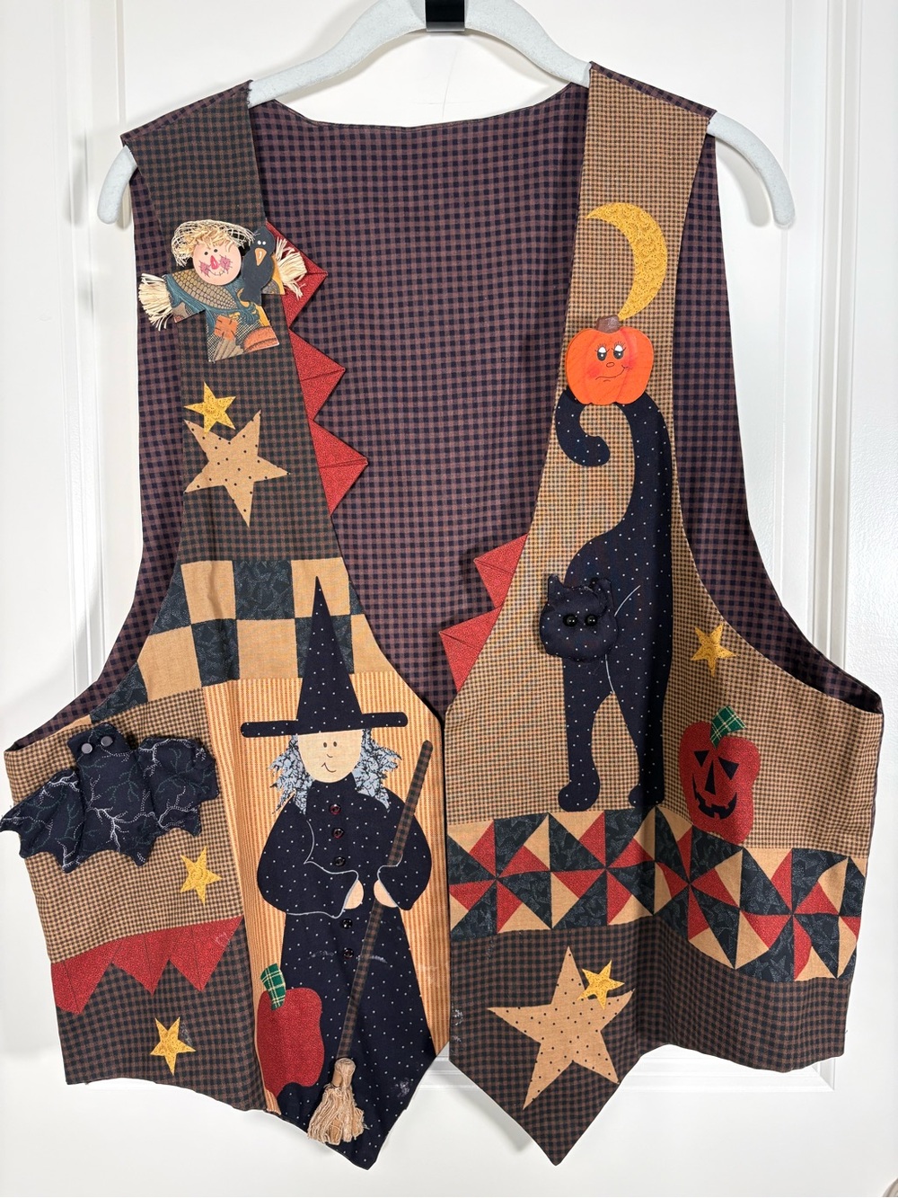 Halloween Patchwork Vest with Witch & Cat Appliqués - Brown & Black